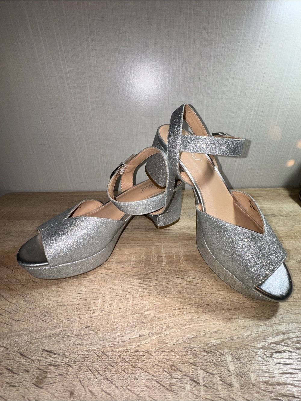 Y2K Silver Glitter Chunky Platform Block Heels Sz 9.5 Prom Party Sparkle